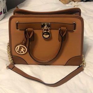 Brown large satchel purse with gold accents